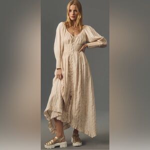 Anthropologie Sweetheart Midi Tan Stripe Dress NWT Size Small